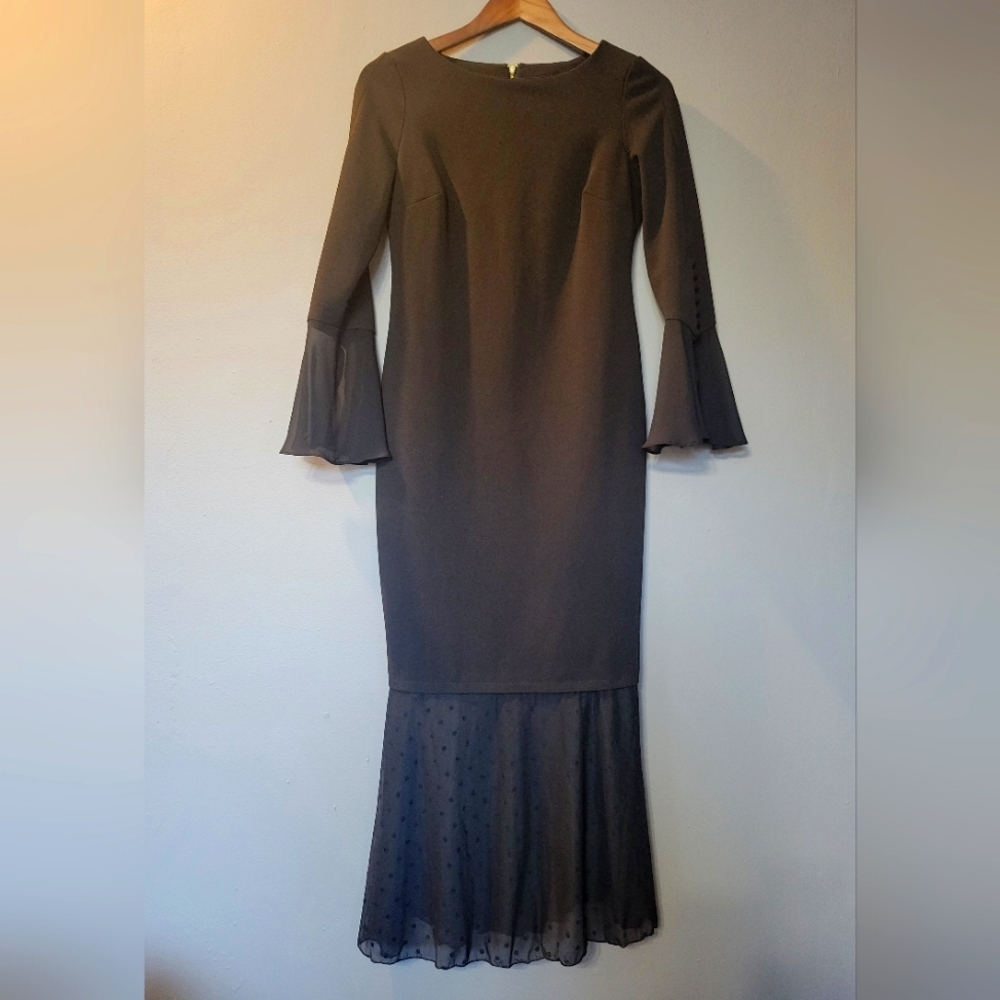 Calvin Klein Chiffon Long Bell Sleeves Mermaid Midi Black Dress Womens Size SP
